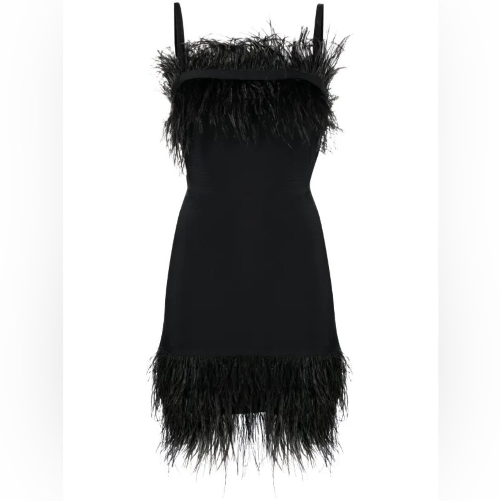 STAUD feather trim black mini dress xs